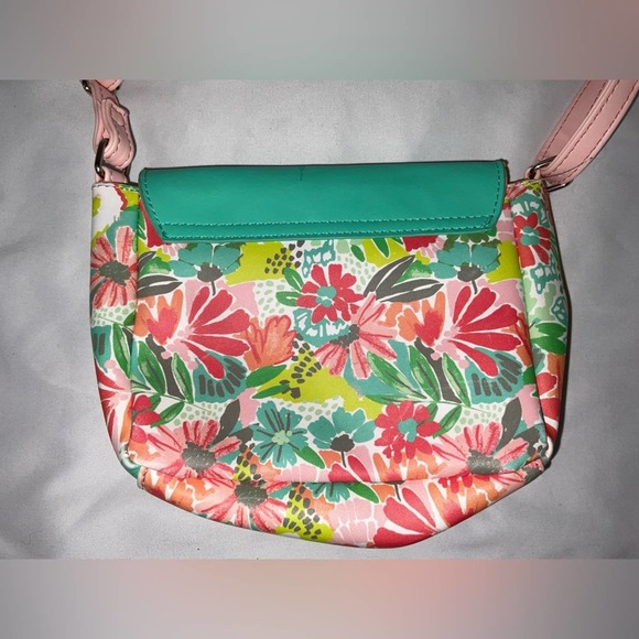 TARGET PINK GREEN YELLOW FLORAL FAUX LEATHER GIRLS SHOULDER BAG PURSE - Picture 4 of 10